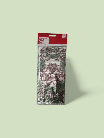 Picture of 20 x christmas treat bags  merry christmas red and green foliage design