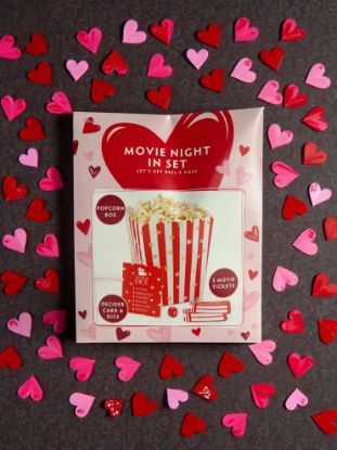 Picture of valentines day movie night in set - tickets, popcorn box, decider card & dice