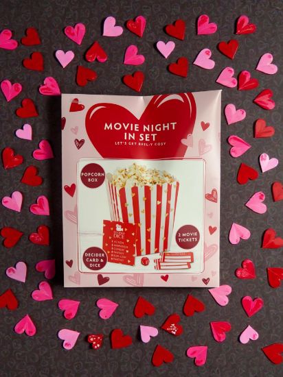 Picture of valentines day movie night in set - tickets, popcorn box, decider card & dice