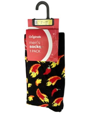 Picture of Mens Valentines Day Socks Size 7-11 Chilli pepper Design Black/Red. Hot Stuff!