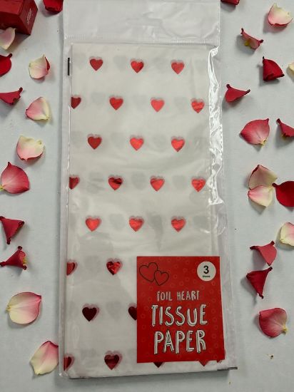 Picture of Valentines day heart foil tissue paper 3 sheets white with red foil hearts design New