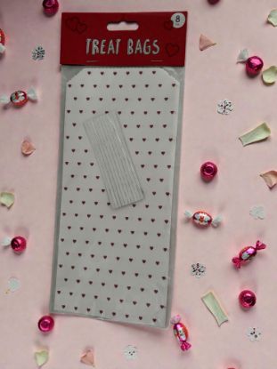 Picture of 8 x Valentine's Day Treat Bags white with red Hearts includes silver ties NEW