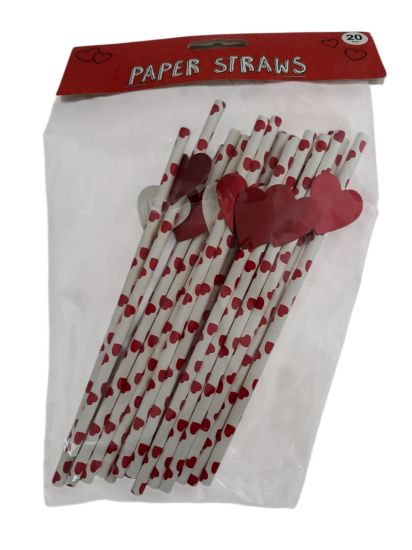 Picture of Heart Print Paper Straws with heart  - 20 Pack Valentines day straws