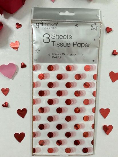 Picture of 3 x sheets red foil polka dot tissue paper valentines day tissue paper sheets Foiled Red New
