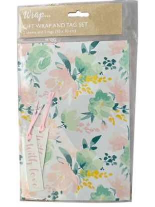 Picture of floral Mothers Day GIFT WRAP set 2 x WRAPPING sheets + 2 TAGs Flowers gift wrap