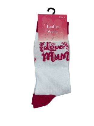 Picture of Ladies Mothers day socks UK4-7 white with pink "love Mum" slogan NEw