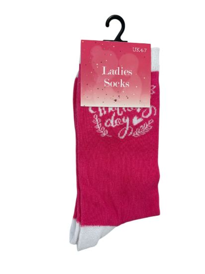 Picture of Ladies Mothers day socks UK4-7 pink with White Happy mothers day slogan New