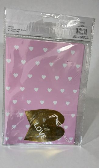 Picture of Mothers Day Gift Wrap pink with white hearts   2 sheets 2 tags set MOT-4718