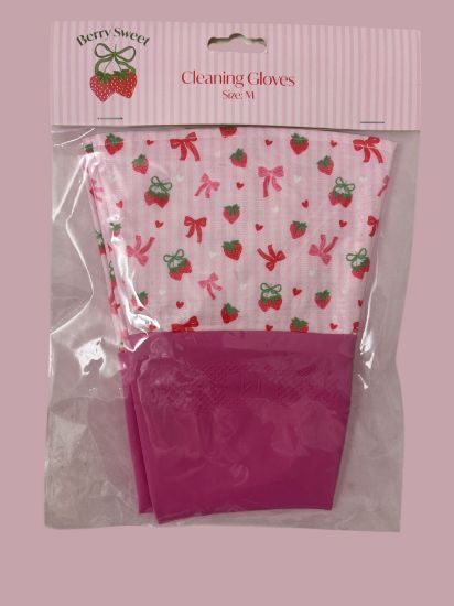 Picture of strawberry berry sweet Floral Cleaning gloves Washing up gloves Spring cleaning gloves  pink M