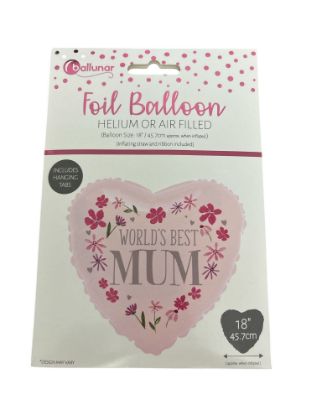 Picture of 18"  MOTHERS DAY HEART FOIL BALLOON Worlds Best Mum Pink Heart NEW