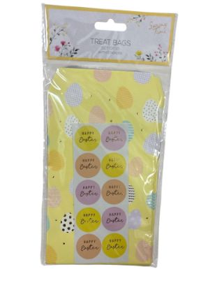 Picture of 10 HAPPY EASTER TREAT BAGS & STICKERS SEALS Yellow with easter egg design NEW