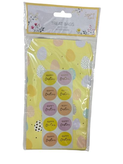 Picture of 10 HAPPY EASTER TREAT BAGS & STICKERS SEALS Yellow with easter egg design NEW
