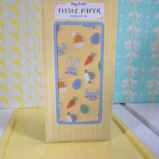 Picture of 10 Sheets Easter TISSUE PAPER Bunny, carrot, egg lamb design  YELLOW boxed