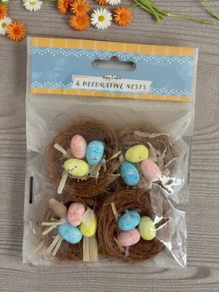 Picture of 4 x Easter Egg Nest Decorations with blue pink yellow eggs 4pk Easter Bonnet nests