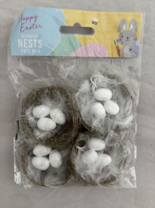 Picture of Easter Egg Nest Decorations with white eggs & white feathers  4pk Easter Bonnet NEW