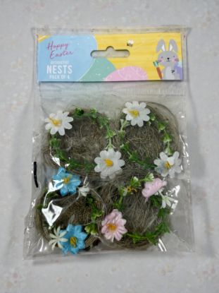 Picture of Easter Egg Nest Decorations with white pink blue  daisies 4pk Easter Bonnet nests