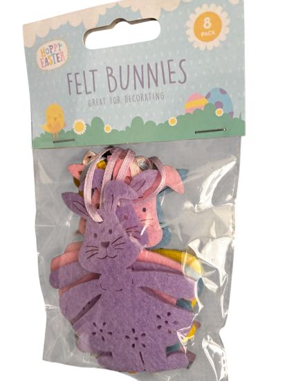 Picture of 8 x felt bunnies easter decoration pale pink, mauve, yellow blue