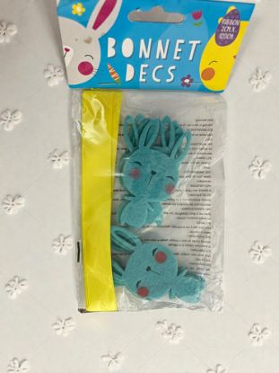 Picture of 10 x easter bunny bonnet decorations with ribbon blue with yellow ribbon
