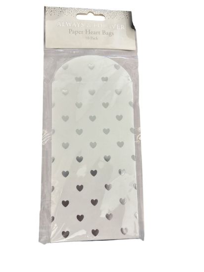 Picture of 10Pk White PAPER HEART BAGS SILVER HEARTS FAVOURS PARTY MONEY or VOUCHER HOLDER