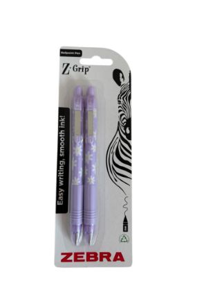 Picture of 2 X ZEBRA Z GRIP SMOOTH PENS PURPLE FLORAL BARREL 1.0mm MEDIUM TIP BLACK NEW