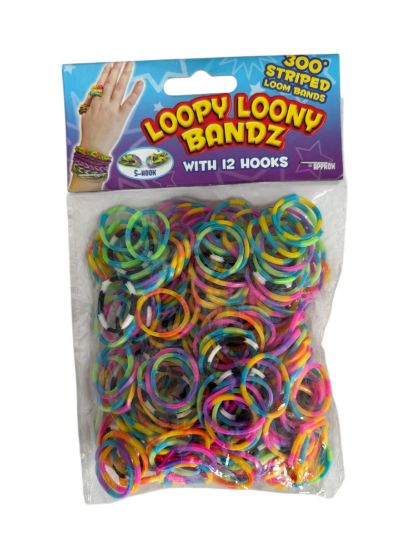 Picture of 300 x stripy loom bands with 12 hooks pack assorted colours