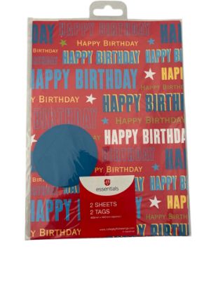 Picture of Red Text Happy Birthday Gift Wrap 2 Sheets 2 Tags