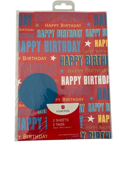 Picture of Red Text Happy Birthday Gift Wrap 2 Sheets 2 Tags