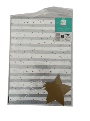 Picture of wedding gift wrap Gold Star White & Silver Gift Wrap 2 x Sheets & Tags