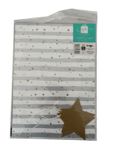 Picture of wedding gift wrap Gold Star White & Silver Gift Wrap 2 x Sheets & Tags