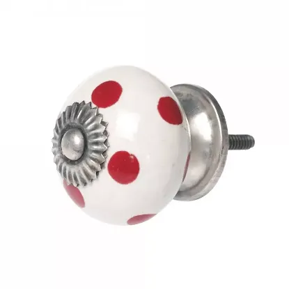 Picture of Red Spot Ceramic Drawer Knob NEW red polka dot on White NEW Screw length 4cm