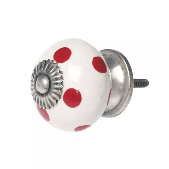 Picture of Red Spot Ceramic Drawer Knob NEW red polka dot on White NEW Screw length 4cm