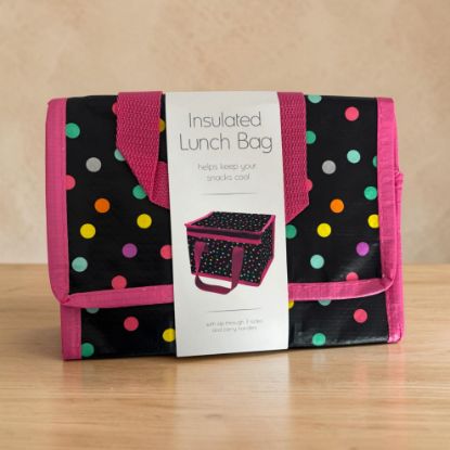 Picture of polka dot Lunch Bag insulated Lunch Bag black with multicolour spots NEW