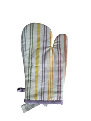 Picture of stripy oven glove single oven mitt white with purple orange yellow green stripes 17 x 30 cm