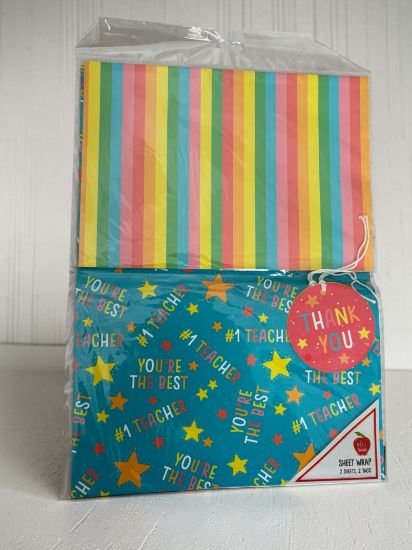 Picture of Teachers Gift wrap set 2 sheets  2 tags #1 Teacher, you're the best