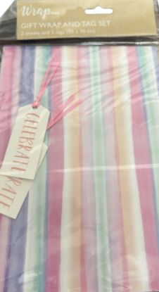 Picture of GIFT WRAP 2 PAPER & 2 TAG SET pink lilac stripey pastel shades NEW