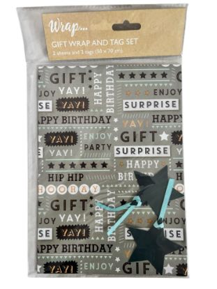 Picture of grey birthday gift wrap sheets and blue star tags 2 x sheets surprise New