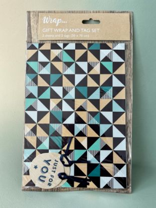 Picture of GIFT WRAP set  GEOMETRIC Shapes blue brown shades Gift wrapping paper and tags 2 sheets 2 tags