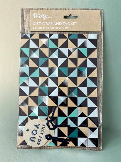Picture of GIFT WRAP set  GEOMETRIC Shapes blue brown shades Gift wrapping paper and tags 2 sheets 2 tags
