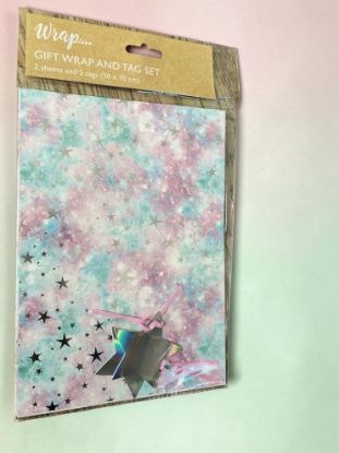 Picture of cosmic GIFT WRAP SET 2 SHEETS +2 silver star TAGS Blue lilac Cosmic design Silver Stars New