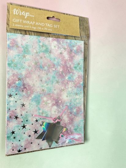 Picture of cosmic GIFT WRAP SET 2 SHEETS +2 silver star TAGS Blue lilac Cosmic design Silver Stars New