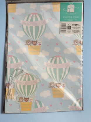 Picture of NEW BABY Gift Wrap Set Hot Air Balloon HELLO LITTLE ONE Design 2 sheets girl boy