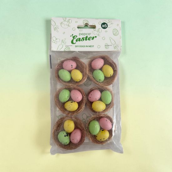 Picture of 6 x Easter Egg Nest Decorations with green yellow pink eggs Easter Craft