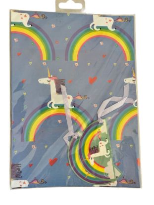 Picture of unicorn gift wrap set lilac cover with rainbows 2 sheets 2 tags