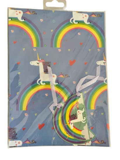 Picture of unicorn gift wrap set lilac cover with rainbows 2 sheets 2 tags