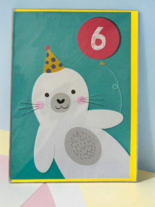 Picture of seal 6th birthday card seal in party hat New with yellow envelope New