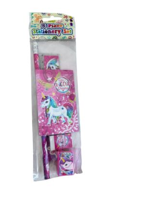 Picture of 5 piece pink unicorn stationery set thin plastic oencil notepad eraser ruler