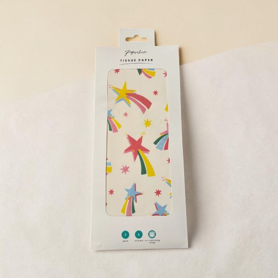 Picture of Paperchase Tissue Paper 3 sheet & 6 stickers shooting star design colourful NEW