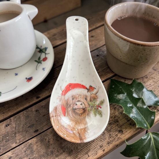 Picture of Christmas HIghland cow design Spoon Rest kitchen utensil Christmas Higland Cow in santa hat