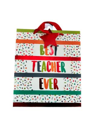 Picture of Best Teacher Ever Gift Bag Teacher Gift Bag Medium Bright BEST TEACHER EVER NEW red ribbon white with red star tag