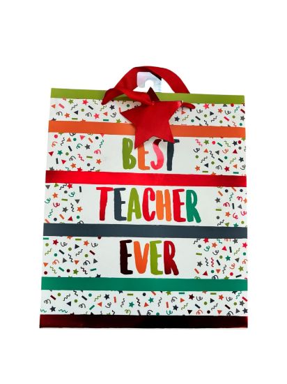 Picture of Best Teacher Ever Gift Bag Teacher Gift Bag Medium Bright BEST TEACHER EVER NEW red ribbon white with red star tag